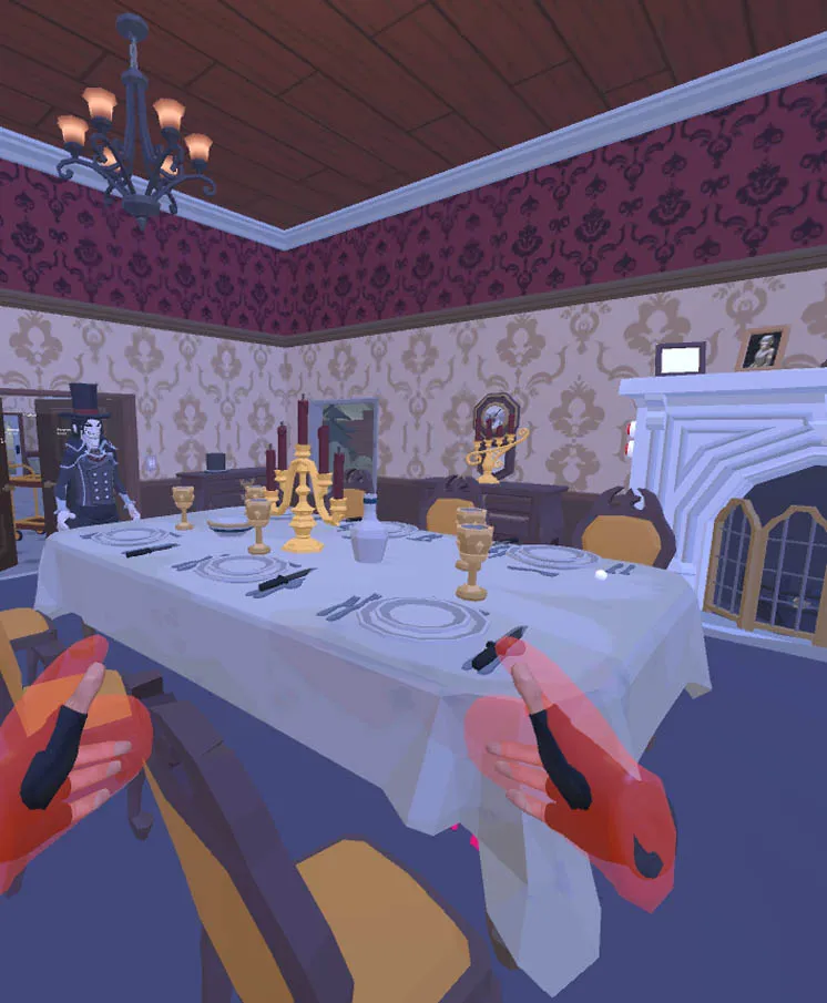 Detective GPT ChatGPT powered AI game murder mystery VR classic dining table hands mansion dining room